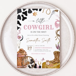 Edytowalne zaproszenie na baby shower w stylu western cowgirl, różowe zaproszenie na baby shower w stylu dzikiego zachodu, zaproszenie na baby shower w stylu country cowgirl rodeo, 0725