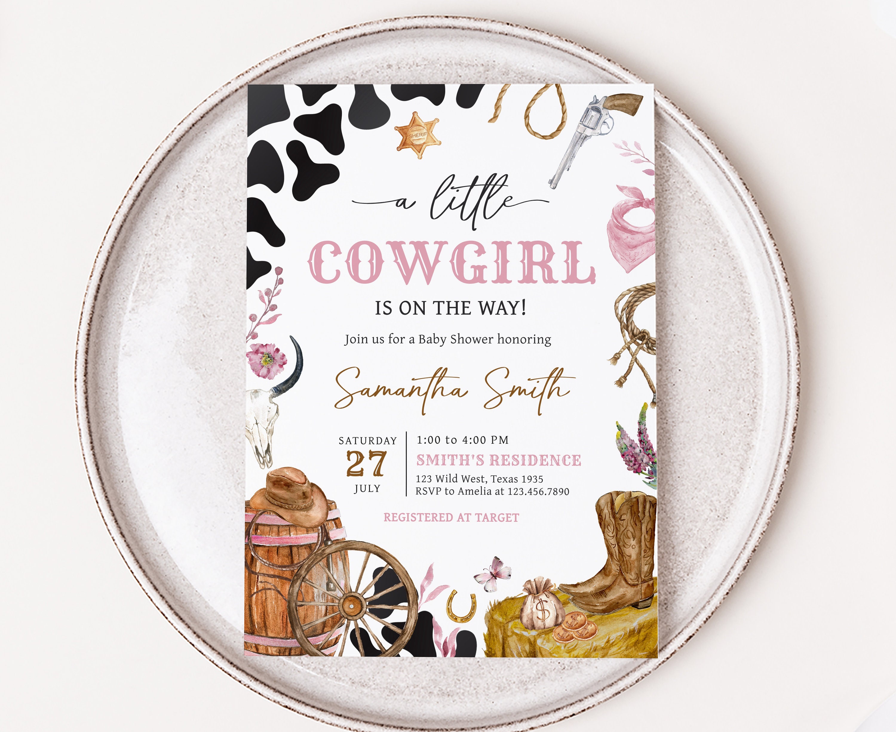 Editable Western Cowgirl Baby Shower Invitation, Pink Wild West Baby Shower Invite, Country Cowgirl Boots Rodeo Baby Shower Invitation, 0725