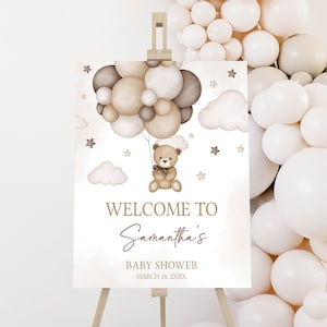 Bearbeitbares Bärnballon-Babyparty-Willkommensschild, Wir können Bärenbabyparty-Willkommensplakat warten, geschlechtsneutrale Braunbär-Babyparty, 0605