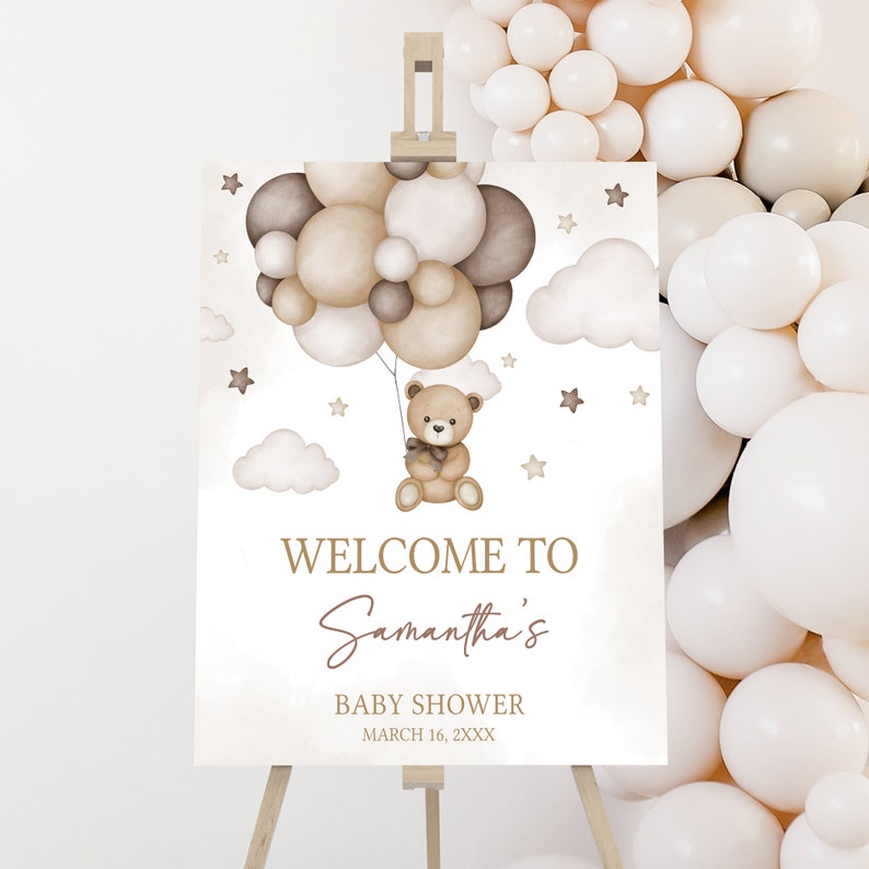Editable Bear Balloon Baby Shower Welcome Sign, We Can Bearly Wait Baby Shower Welcome Poster, Gender Neutral Brown Bear Baby Shower, 0605 image 1