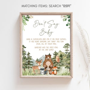 Non dire Baby Sign Woodland Baby Shower, Genere neutro Animali del bosco Baby Shower Non dire Baby Game Sign, Decori foresta verde, 0591