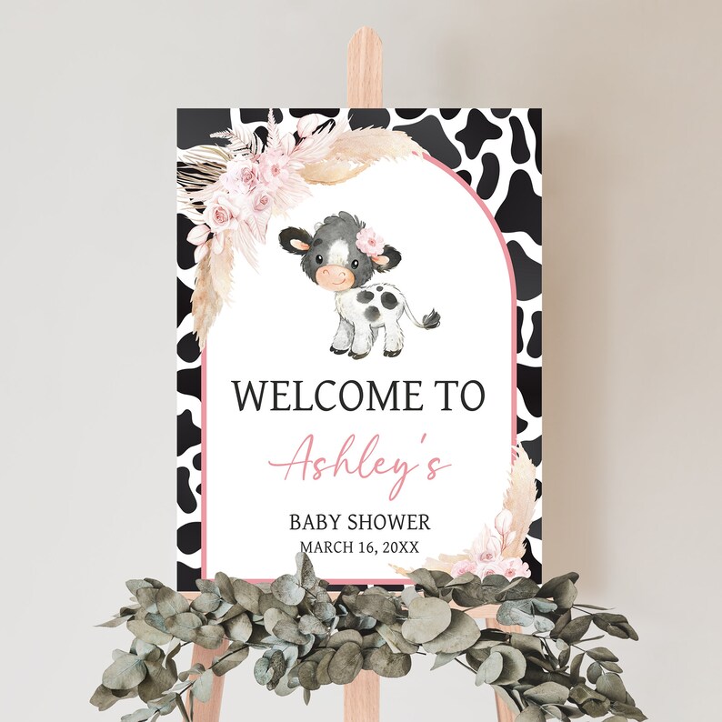 Editable Pink Cow Baby Shower Welcome Sign, Girl Holy Cow Baby Shower Welcome Poster, Boho Floral Highland Cow Farm Baby Shower Sign, 0662 image 1