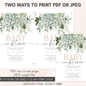 Editable Baby in Bloom Baby Shower Invitation, Succulent Gender Neutral Baby Shower Invite, Succulents Greenery Baby Shower Invitation, 0681 image 3