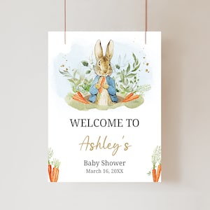 Bearbeitbares Peter Rabbit Babyparty Willkommensschild, Blaues Peter Rabbit Babyparty Willkommensschild, rustikaler Junge Peter Rabbit Babypartyschild, 0625
