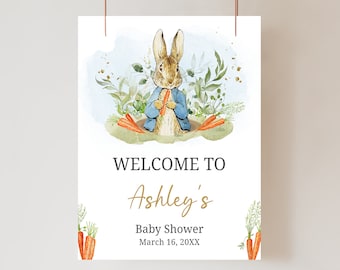 Editable Peter Rabbit Baby Shower Welcome Sign, Blue Peter Rabbit Baby Shower Welcome Poster, Rustic Boy Peter Rabbit Baby Shower Sign, 0625