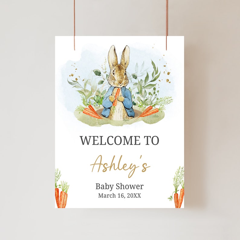 Cartel de bienvenida editable del baby shower de Peter Rabbit, cartel de bienvenida del baby shower de Peter Rabbit azul, cartel de baby shower del niño rústico Peter Rabbit, 0625 imagen 1