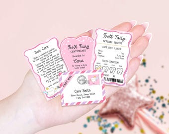 Kit Mini Fada do Dente Editável, Carta Rosa da Fada do Dente, Recibo da Fada do Dente para Menina, Certificado de Dente Imprimível, Correspondência para Dente Perdido Infantil 3KA