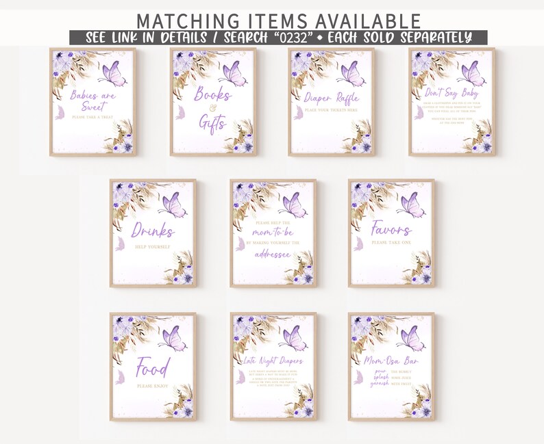 K&ouml;nnte beinhalten: Satz von zehn druckbaren Schildern f&uuml;r eine Babyparty mit einem lila Schmetterlings- und Blumendesign. Die Schilder beinhalten "Babys sind s&uuml;&szlig;", "B&uuml;cher & Geschenke", "Windel-Tombola", "Sag nicht Baby", "Getr&auml;nke", "Adresse der werdenden Mutter", "Essen", "Sp&auml;tnachtswindeln", "Geschenke" und "Mamas-Bar".