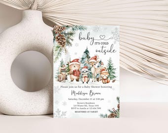 Invito modificabile per baby shower nel bosco invernale, invito per baby shower "Fa freddo fuori" di Natale, invito per baby shower con animali del bosco, 0987