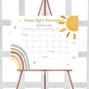 Editable Aquí viene el calendario de fecha de vencimiento del baby shower del hijo, calendario del baby shower del sol, predicciones de cumpleaños del sol retro boho del niño 0385