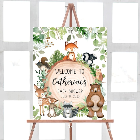 Editable Woodland Baby Shower Welcome Sign, Greenery Forest Animals Baby Shower Welcome Poster, Woodland Animals Sign Rustic Template 0401