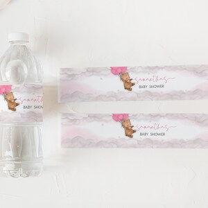 Editable Pink Balloon Bear Baby Shower Bottle Label, We Can Bearly Wait Boho Baby Shower Water Label, Brown Bear Girl Bottle Stickers, 0249 image 2