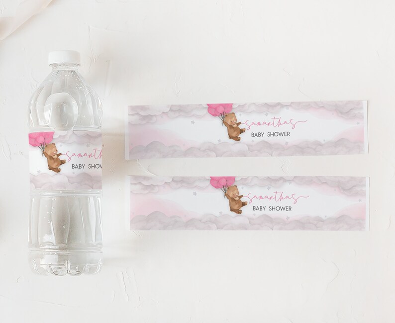 Editable Pink Balloon Bear Baby Shower Bottle Label, We Can Bearly Wait Boho Baby Shower Water Label, Brown Bear Girl Bottle Stickers, 0249 image 2