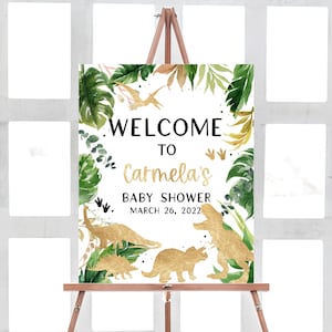 Dinosaur Baby Shower Welcome Sign, Gold Dino Baby Shower Welcome Sign Greenery Dino Baby Shower Decorations Baby Boy Dinosaur Template  0178