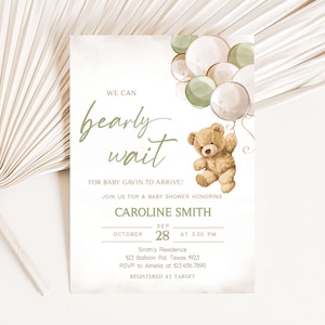 Editable Gender Neutral Bear Baby Shower Invitation, We Can Bearly Wait Baby Shower Invite, Green Balloon Bear Baby Shower Invitation, 0526 image 1