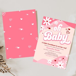 Editable Retro Groovy Valentine Sweetheart Baby Shower Invitation, Valentine Baby Shower Invite, Red Heart Baby Shower Invite Template 0590 image 2