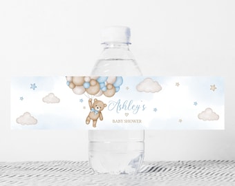 Editable Bear Balloon Baby Shower Bottle Label, Blue We Can Bearly Wait Baby Shower Water Label, Boy Boho Bear Water Bottle Stickers, 0504