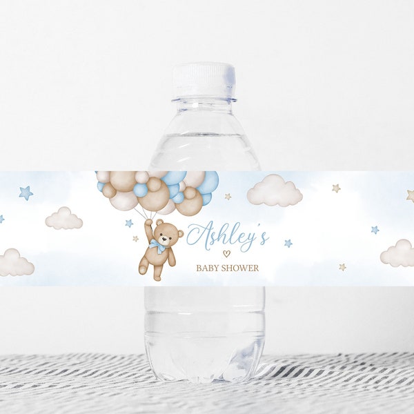 Editable Bear Balloon Baby Shower Bottle Label, Blue We Can Bearly Wait Baby Shower Water Label, Boy Boho Bear Water Bottle Stickers, 0504