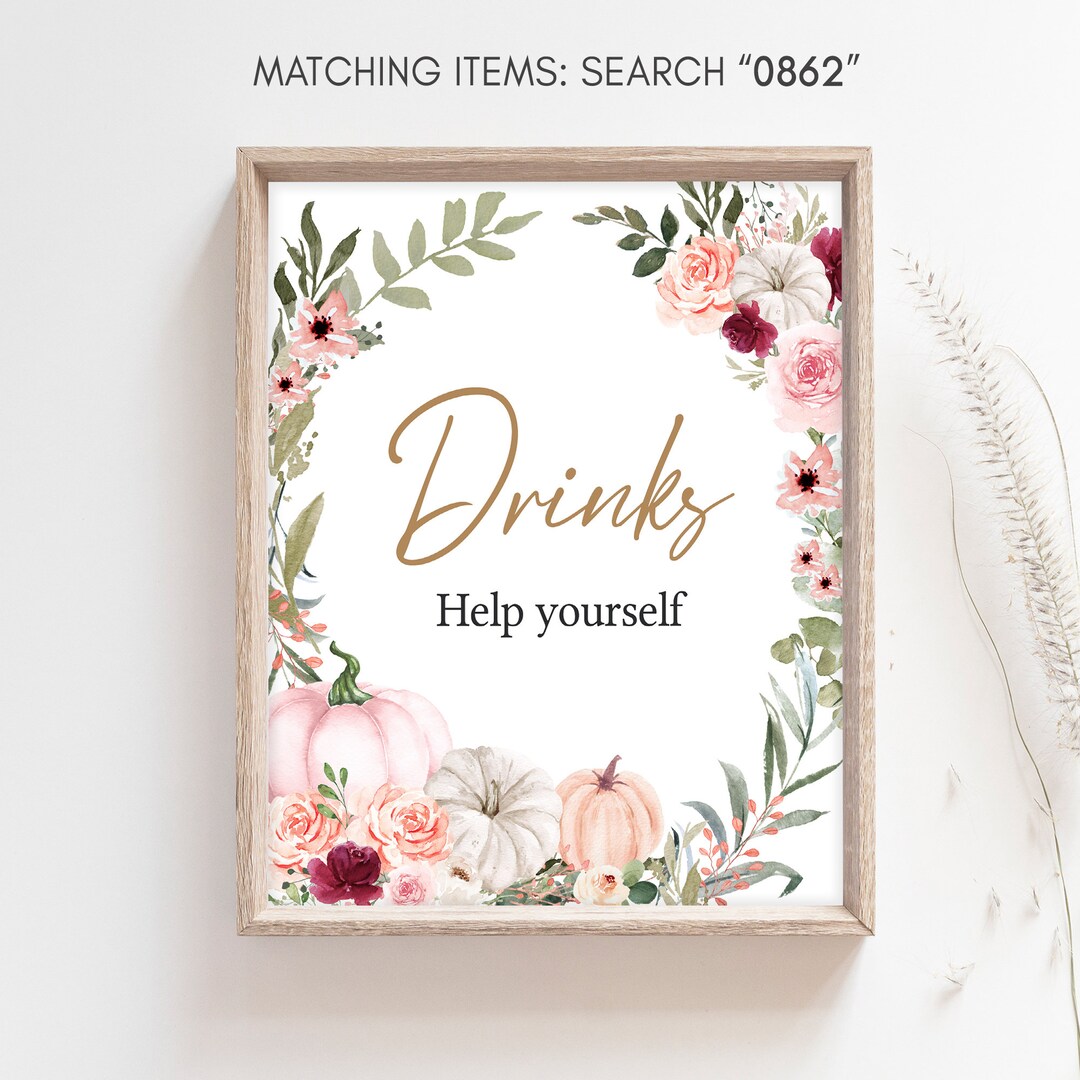 Greenery Floral Pumpkin Baby Shower Drink Sign, Pink Pumpkin Baby