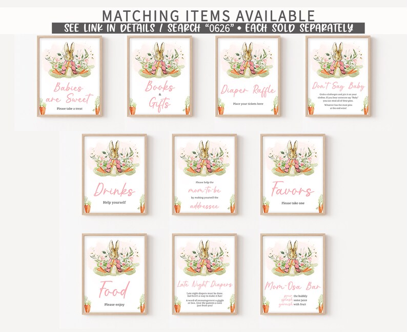 K&ouml;nnte beinhalten: Satz von 9 druckbaren Schildern mit einer Aquarell-Illustration eines Kaninchens in einem rosa Kleid und Blumen. Die Schilder haben Text, der "Babies are Sweet", "Books & Gifts", "Diaper Raffle", "Don't Say Baby", "Drinks", "Mom to be addressee", "Favors", "Food", "Late Night Diapers" und "Mom Osa Bar" lautet.