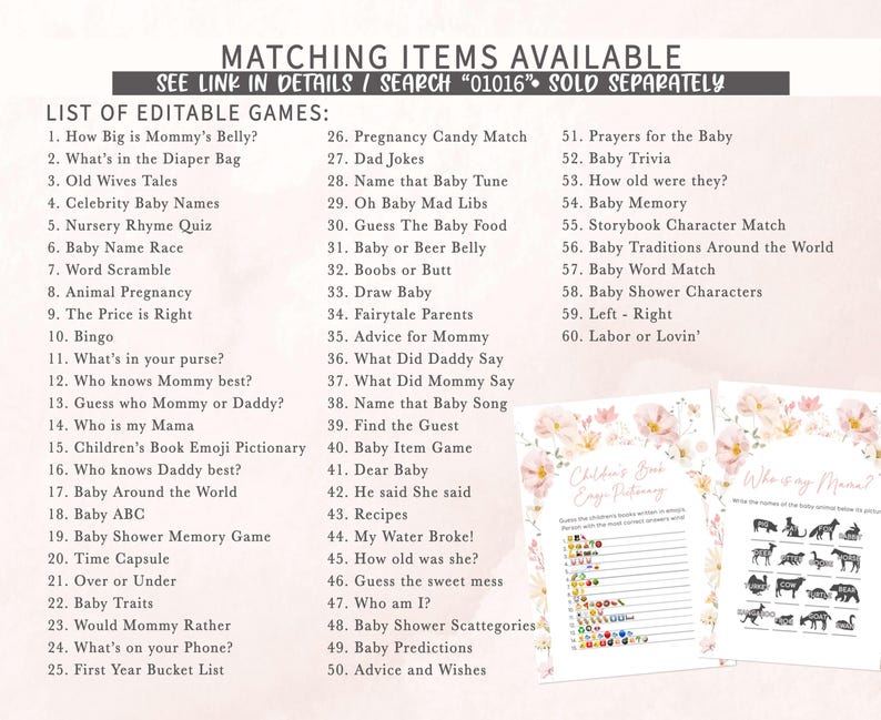 a baby shower game with a list of items