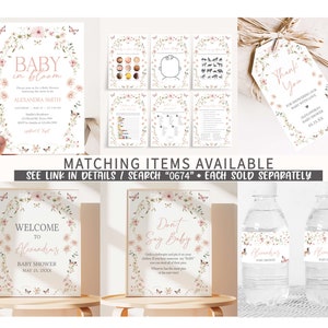 May include: A set of printable baby shower decorations with a floral theme. The decorations include a welcome sign, a don't say baby sign, water bottle labels, a thank you tag, and a baby shower invitation. The decorations are pink and white with butterflies and flowers.