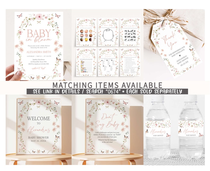 May include: A set of printable baby shower decorations with a floral theme. The decorations include a welcome sign, a don't say baby sign, water bottle labels, a thank you tag, and a baby shower invitation. The decorations are pink and white with butterflies and flowers.