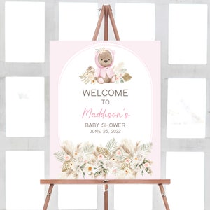 Bear Baby Shower Welcome Sign Pink Teddy Bear Welcome Sign Boho Baby Shower Welcome Decorations Boho Bear Baby Girl Printable Template 0197