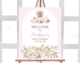 Bear Baby Shower Welcome Sign Pink Teddy Bear Welcome Sign Boho Baby Shower Welcome Decorations Boho Bear Baby Girl Printable Template 0197