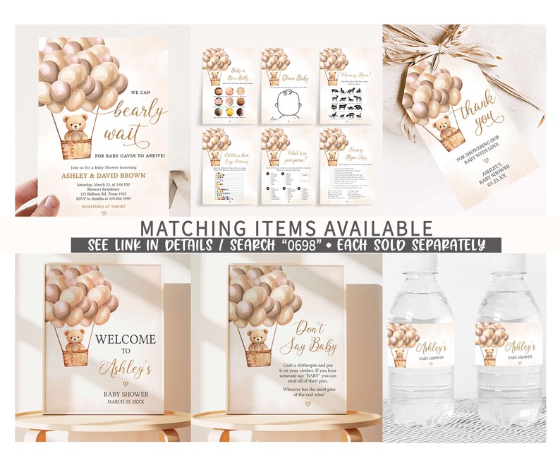 Pu&ograve; includere: Un set di decorazioni per baby shower stampabili con un orsacchiotto in un pallone aerostatico con palloncini marroni e beige. Il testo sull'invito recita "We can barely wait for baby Gavin to arrive!" e il testo sul cartello di benvenuto recita "Welcome to Ashley's Baby Shower March 21, 202X".
