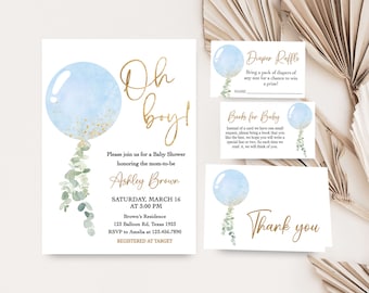 Editable Boy Blue Balloon Baby Shower Invitation Bundle, Balloon Oh Boy Baby Shower Invite Set, Boy Eucalyptus Greenery Baby Shower, 0610