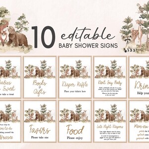 Letrero editable para mesa de baby shower con animales del bosque, letrero con temática de aventura para baby shower con animales del bosque, letrero con temática de animales del bosque para baby shower, 01032