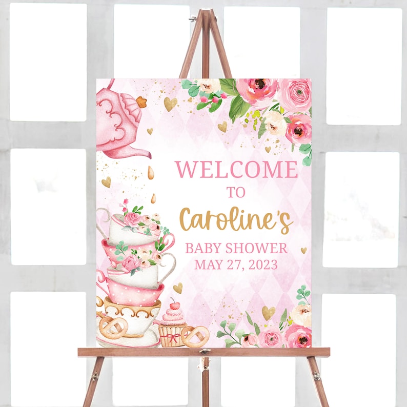 Edytowalny znak powitalny na baby shower z okazji przyjęcia herbacianego, plakat powitalny z napisem „Baby is Brewing”, różowy kwiatowy znak powitalny na baby shower z okazji przyjęcia herbacianego, 0279 zdjęcie 1