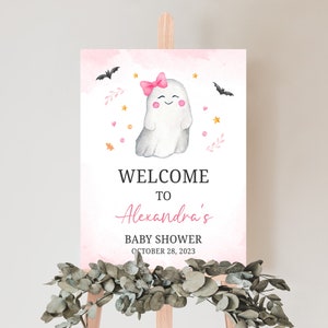 Sinal de boas-vindas para chá de bebê rosa editável A Little Boo, cartaz de boas-vindas para chá de bebê de Halloween, menina fantasma, cartaz de boas-vindas para chá de bebê de Halloween para meninas, 0488