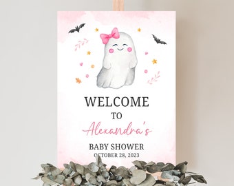 Editable rosa un pequeño boo bebé ducha signo de bienvenida, niña fantasma Halloween bebé ducha cartel de bienvenida, niña Halloween bebé ducha signo, 0488
