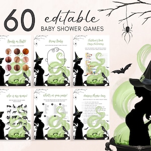 編集可能な「赤ちゃんが生まれてくる」ハロウィンベビーシャワーゲームバンドル、性別を問わないハロウィンベビーシャワーゲームパック、魔女ベビーシャワーゲーム0450