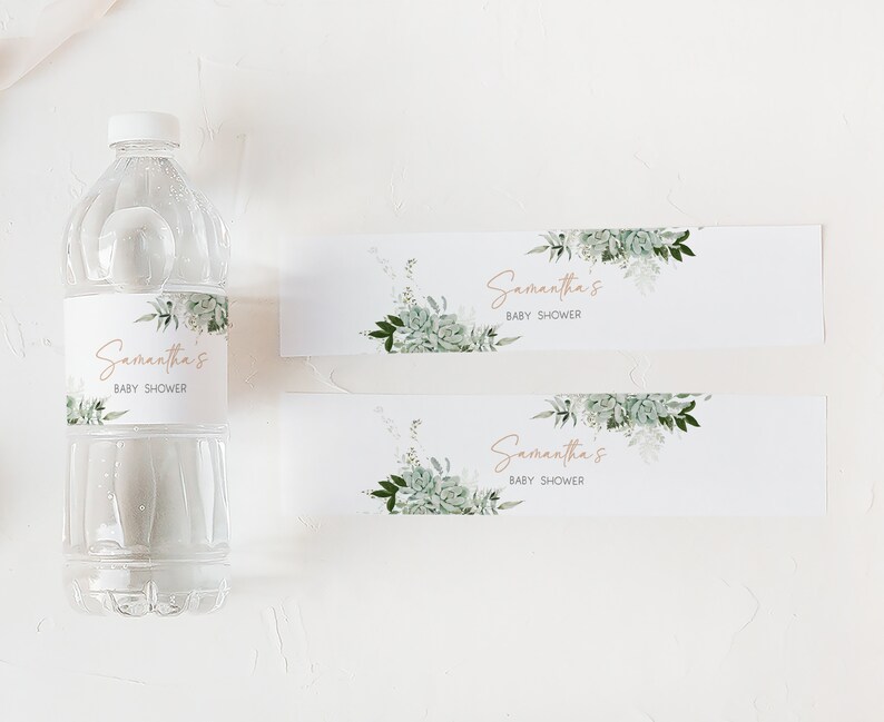 Editable Baby in Bloom Baby Shower Bottle Label, Succulent Gender Neutral Baby Shower Water Labels, Succulents Greenery Bottle Sticker, 0681 image 3