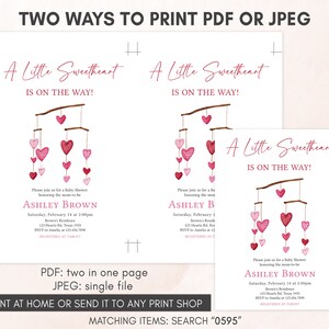 two valentine's day cards with hearts hanging from a branch