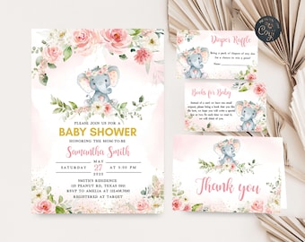 Editable Elephant Baby Shower Invitation Bundle, Blush Pink Floral Baby Shower Invite Set, Baby Elephant Girl Baby Shower Invitation, 0324