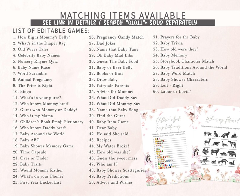 a list of matching items available for a baby shower
