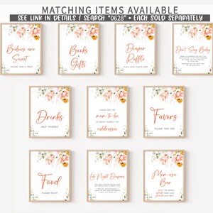 May include: Nine printable signs for a baby shower with a floral design. The signs include "Babies are Sweet", "Books & Gifts", "Diaper Raffle", "Don't Say Baby", "Drinks", "Help the Mom-to-be", "Favors", "Food", "Late Night Diapers", and "Mom-esa Bar".