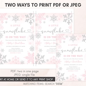 Redigerbar rosa liten snöflinga babyshowerinbjudan, inbjudan till babyshower med vintersnöflinga för flicka, mall för inbjudan till vinterbabyshower, 0536 bild 3