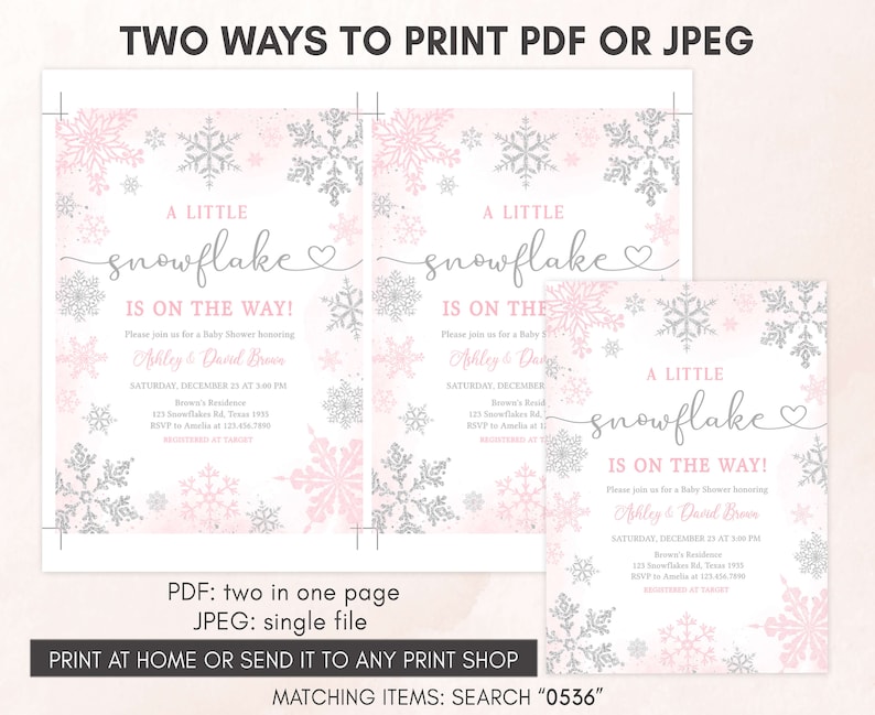 Redigerbar rosa liten snöflinga babyshowerinbjudan, inbjudan till babyshower med vintersnöflinga för flicka, mall för inbjudan till vinterbabyshower, 0536 bild 3
