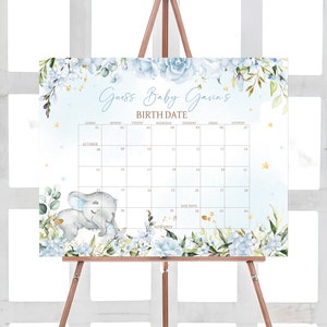 Editable Blue Elephant Baby Shower Due Date Calendar, Blue Floral Elephant Baby Shower Calendar, Blue Flowers Boy Birthday Predictions, 0636 image 1