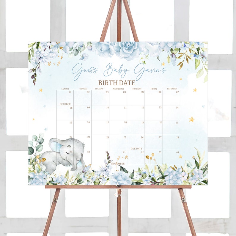 Editable Blue Elephant Baby Shower Due Date Calendar, Blue Floral Elephant Baby Shower Calendar, Blue Flowers Boy Birthday Predictions, 0636 image 1