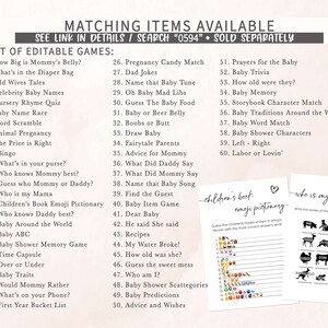 Pode incluir: Um conjunto de jogos de ch&aacute; de beb&eacute; imprim&iacute;veis com uma lista de 60 jogos edit&aacute;veis, incluindo "How Big is Mommy's Belly?" e "Baby Trivia". Inclui folhas de pictionary de emoji e jogos de correspond&ecirc;ncia de animais. O texto "Matching Items Available" est&aacute; no topo.