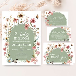 Editable Baby in Bloom Baby Shower Invitation Bundle, Boho Sage Green Wildflower Baby Shower Invite Set, Neutral Baby Shower Invite, 0676