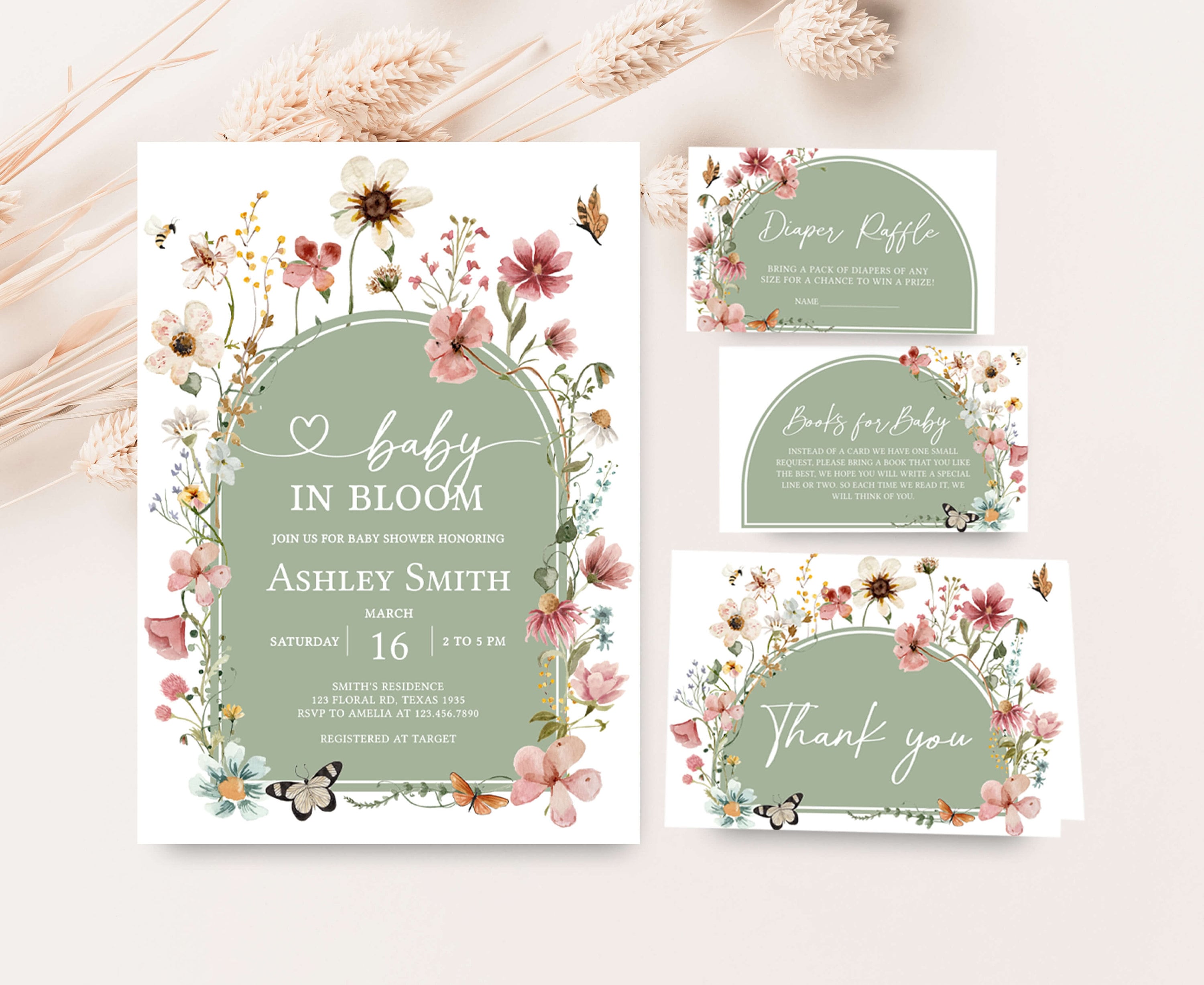 Editable Baby in Bloom Baby Shower Invitation Bundle, Boho Sage Green Wildflower Baby Shower Invite Set, Neutral Baby Shower Invite, 0676