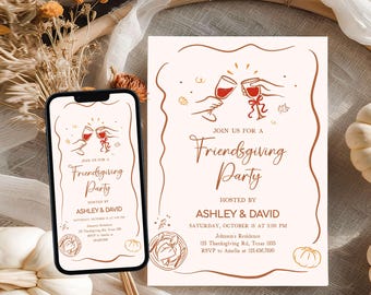 Bearbeitbare Herbst Friendsgiving Party Einladung, Erntedankfest einladen, handgezeichnete Friendsgiving Einladen, Potluck Thanksgiving Party, 123SE