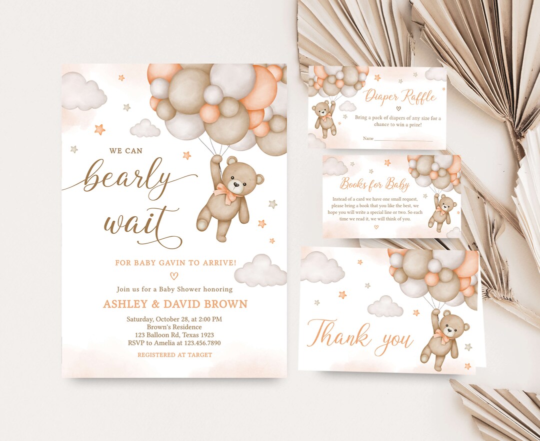 Editable Balloon Bear Baby Shower Invitation Bundle, We Can Bearly Wait ...